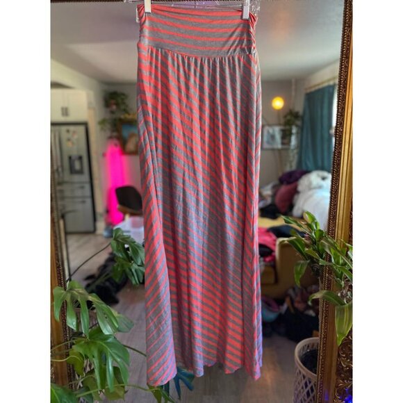Women's Grey and Coral Striped Maxi Skirt Soft Stretchy Fold-Over Waistband - Picture 2 of 2
